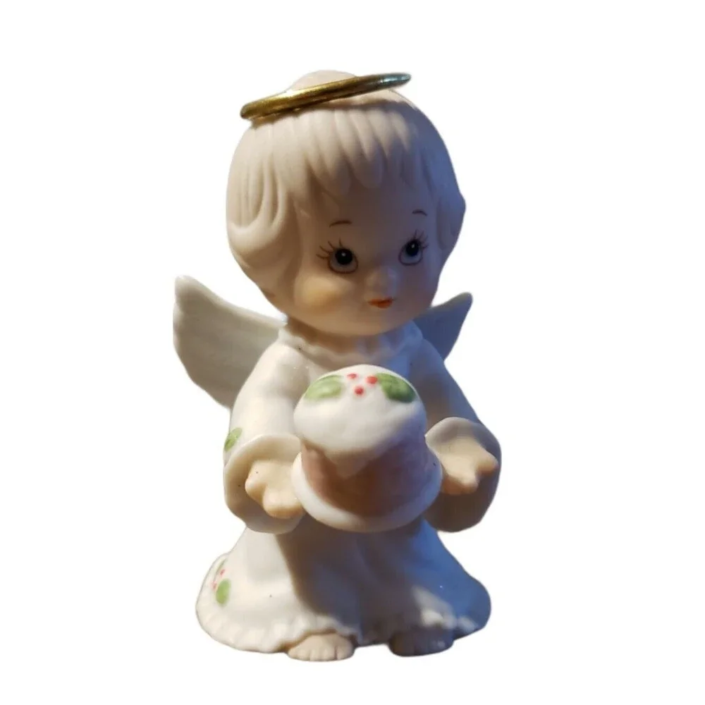 Holly Babes 1992 Angel Holding Christmas Cake Figurine Enesco Ruth Morehead
